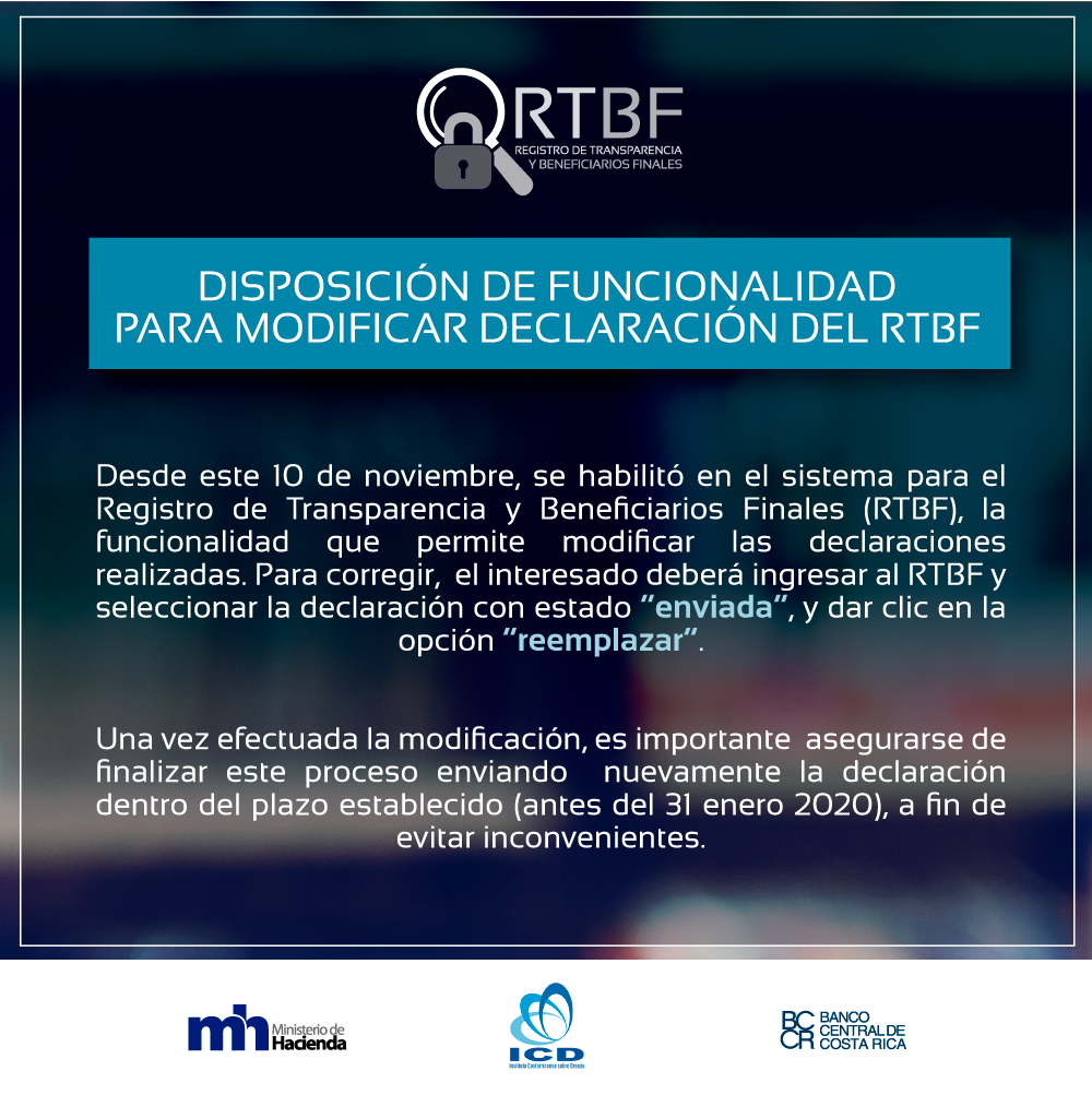 Aviso - Disposición de funcionalidad para modificar declaración del RTBF