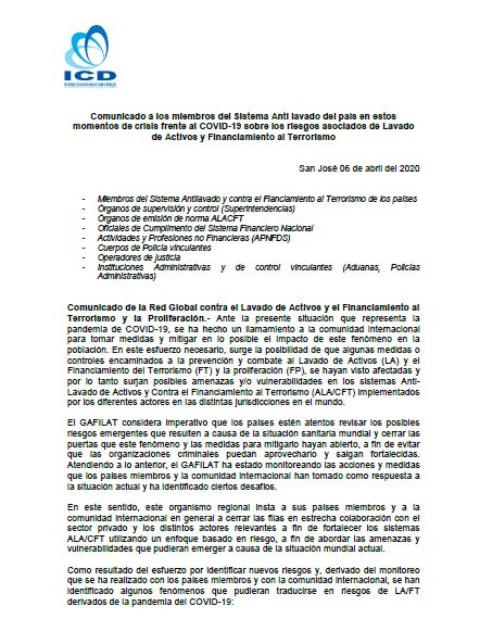 Primera páginaComunicado a los miembros del Sistema Anti lavado del país en estos momentos de crisis frente al COVID-19 sobre los riesgos asociados de Lavado de Activos y Financiamiento al Terrorismo