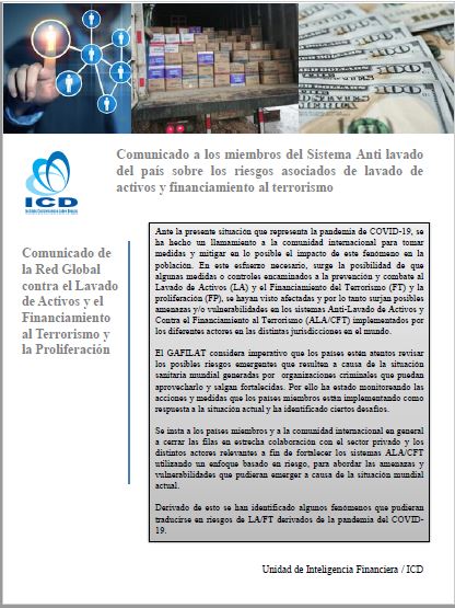 Portada del Comunicado a los miembros del Sistema Anti lavado del país sobre los riesgos asociados de lavado de activos y financiamiento al terrorismo