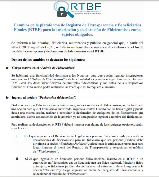 Cambios en la plataforma de RTBF para la inscripción y declaración como sujetos obligados