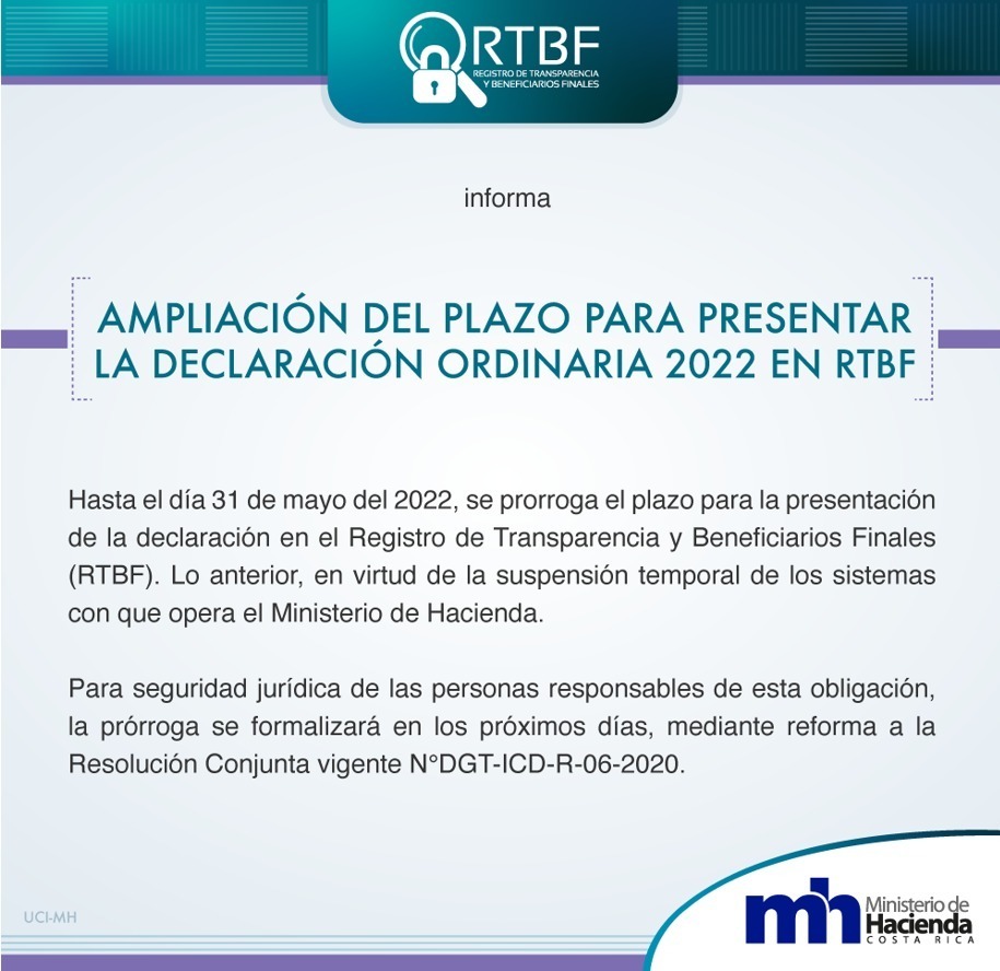 Aviso de Ampliación de Plazo para Presentar  la Declaración Ordinario 2022 en RTBF