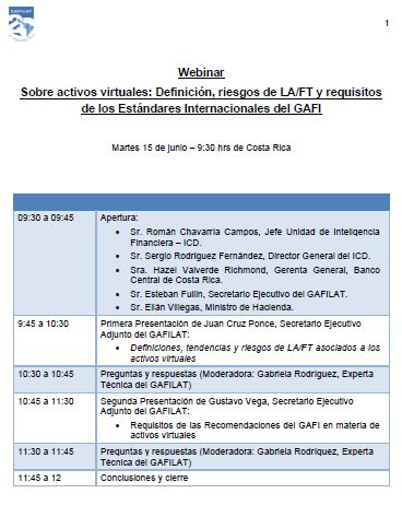 Agenda de Webinar: Sobre activos virtuales: Definición, riesgos de LA/FT y requisitos de los Estándares Internacionales del GAFI