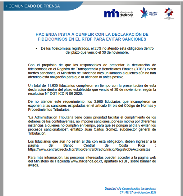 Comunicado de Prensa - Hacienda insta a cumplir con la Declaración de Fideicomisos en el RTBF para evitar sanciones