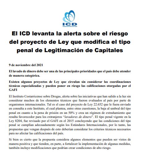Aviso: El ICD levanta la alerta sobre el riesgo del proyecto de Ley que modifica el tipo penal de Legitimación de Capitales. Noviembre 2021