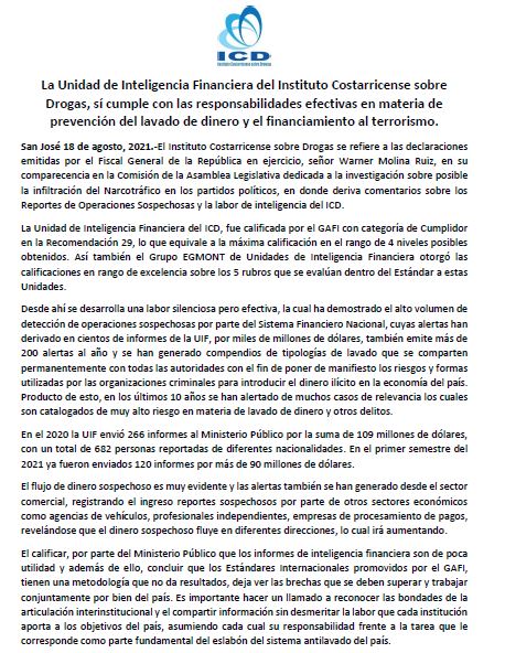 Comunicado: La Unidad de Inteligencia Financiera del Instituto Costarricense sobre Drogas, sí cumple con las responsabilidades efectivas en materia de prevención del lavado de dinero y el financiamiento al terrorismo. 18 AGOSTO 2021