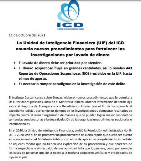 Aviso: La Unidad de Inteligencia Financiera anuncia nuevos procedimientos para mejorar en las investigaciones por lavado de dinero. 11 Octubre 2021