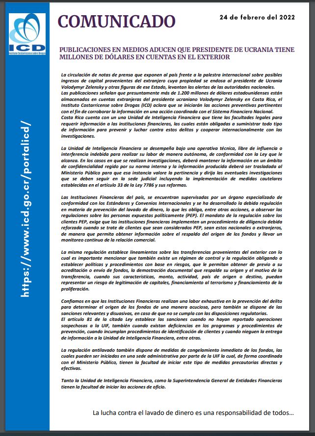 Comunicado Publicaciones en medios aducen que presidente de Ucrania tiene millones de dólares en cuentas en el exterior