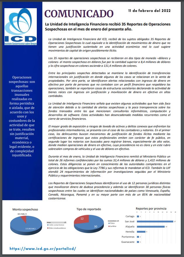 Comunicado: La Unidad de Inteligencia Financiera recibió 35 Reportes de Operaciones Sospechosas en el mes de enero del presente año