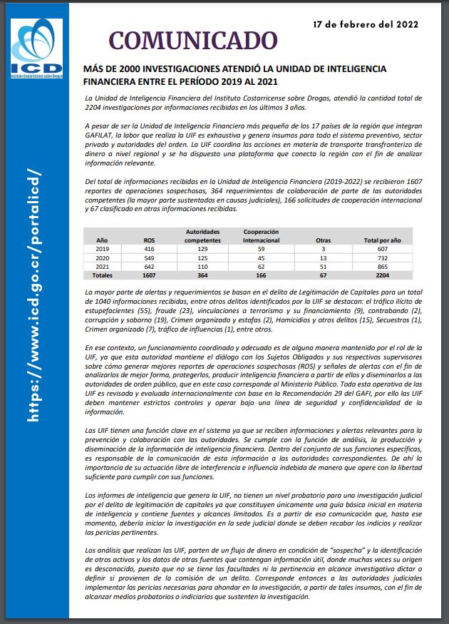 Comunicado: Más de 2000 investigaciones atendió la Unidad de Inteligencia Financiera entre el período 2019 al 2021.