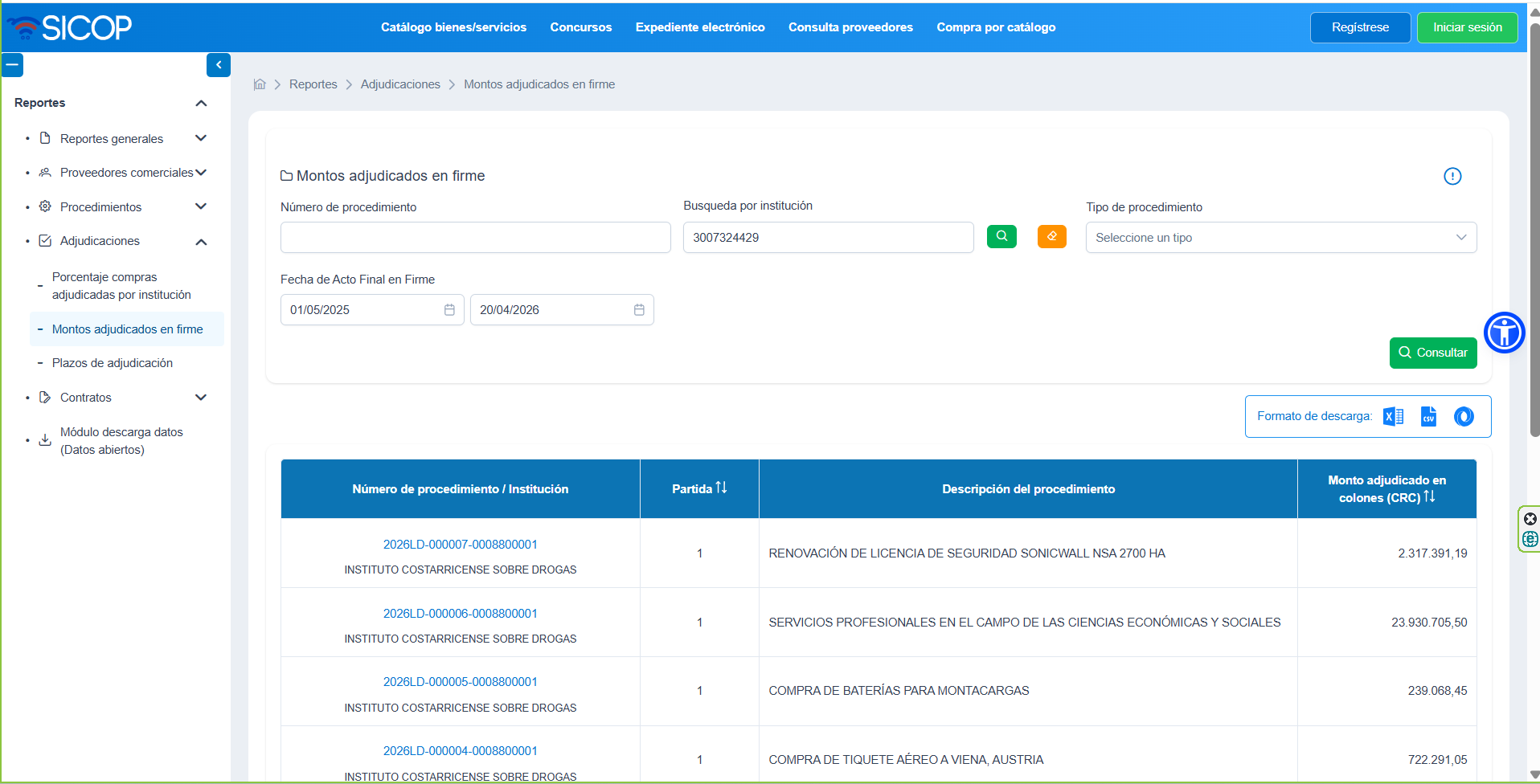 Reporte de Montos adjudicados