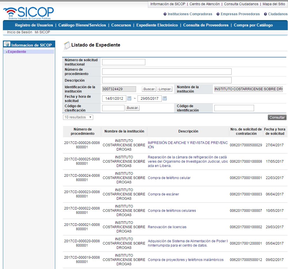 Pantalla de SICOP donde se muestra el Listado de Expedientes de la institución.