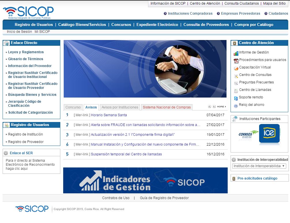 imagen de pantalla de inicio de SICOP