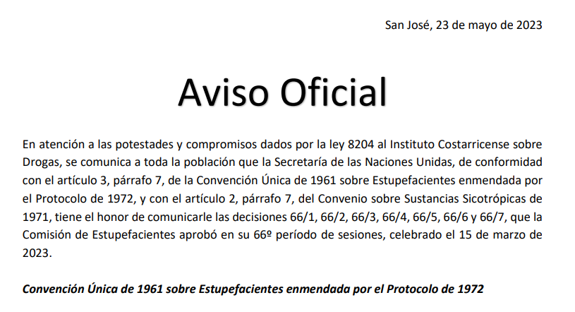 Aviso Oficial sobre Estupefacientes - Enlace a documento.