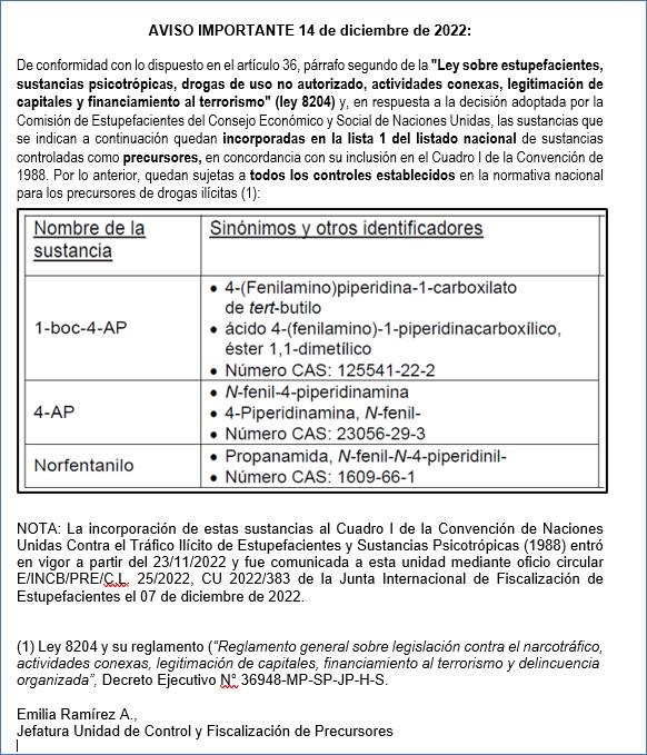 Enlace Aviso Importante - Incorporación de sustancias controladas como precursores