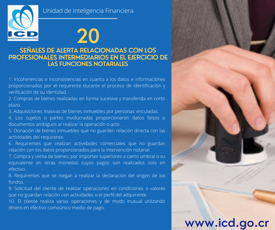20 señales de alerta relacionadas con los profesionales intermediarios en el ejercicio de las funciones notariales. 