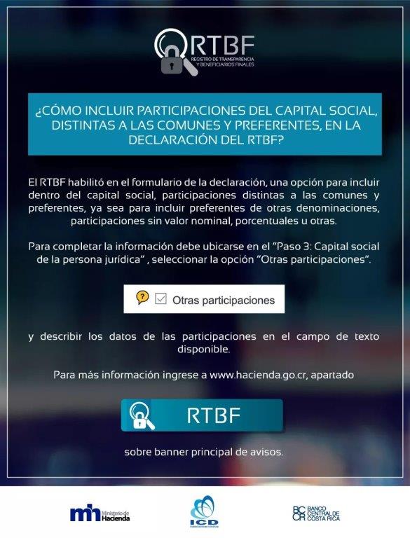 Información - Inclusión de participaciones del capital social distintas a las comunes y preferentes, en las declaraciones de RTBF