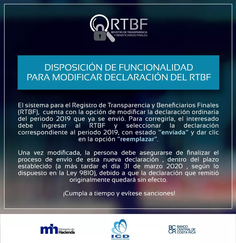 Aviso sobre Disposición de funcionalidad para modificar declaraciones del RTBF